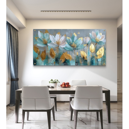 תמונת זכוכית לרוחב עם פרחי לוטוס בגווני תכלת וזהב בהדפסה חלקה וללא תבליט