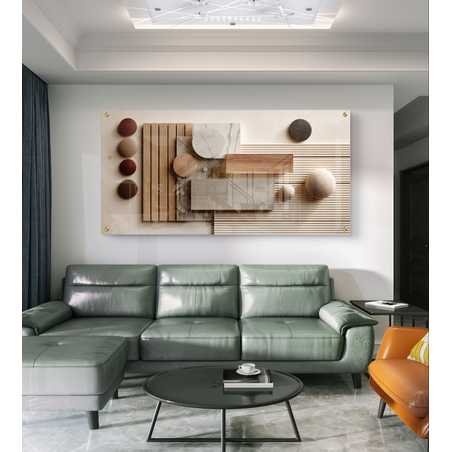 תמונת זכוכית לרוחב בעיצוב אבסטרקטי גאומטרי עם טקסטורות המדמות עץ ואבן בגווני בז׳ וחום, בהדפסה חלקה לעיצוב קיר מודרני ויוקרתי.