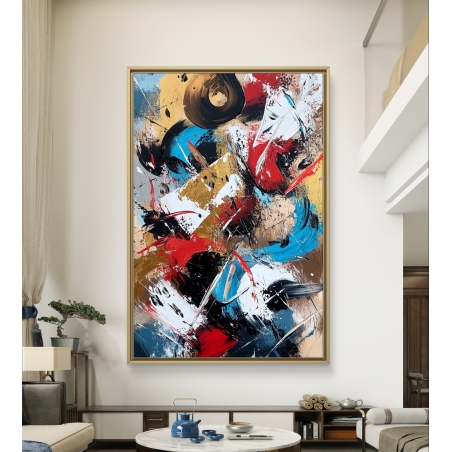 תמונת קנבס בסגנון אבסטרקטי נועז עם צבעים חיים – אדום, כחול, זהב ושחור, מהקולקציה של תכשיט לבית.
