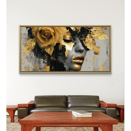 תמונת קנבס לרוחב עם דיוקן נשי דרמטי בגווני שחור וזהב ועיטורי עלי זהב