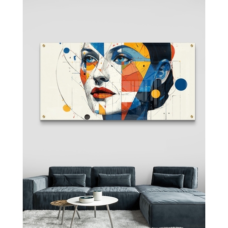 תמונת זכוכית לרוחב עם דיוקן נשי גאומטרי בצבעי כחול, כתום וצהוב – תכשיט לבית