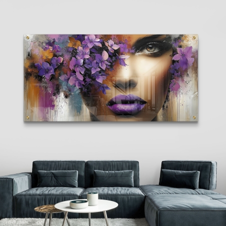 תמונת זכוכית של אישה מסתורית עם שפתיים סגולות ופרחים סגולים בעיצוב יוקרתי מבית תכשיט לבית