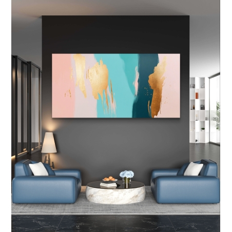 תמונת קנבס לרוחב בעיצוב מודרני עם מריחות בגווני פסטל, טורקיז וזהב, מושלם לעיצוב חללים יוקרתיים ומודרניים.