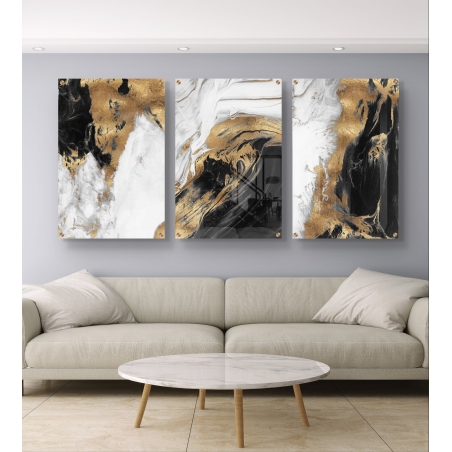 שלישיית תמונות זכוכית מופשטות עם עיצוב בגווני שחור, לבן וזהב בהדפסה חלקה – יצירה מודרנית יוקרתית מקולקציית תכשיט לבית