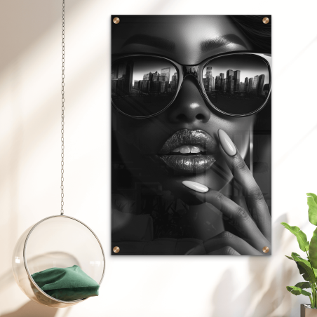 תמונת זכוכית בשחור-לבן של אישה עם שפתיים בוהקות ומשקפי שמש בהם משתקף נוף אורבני, מתוך קולקציית M-X ART.