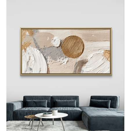 תמונת קנבס לסלון אבסטרקט בהיר בגווני שמנת ובז’ עם עיגול זהב וטקסטורה עשירה, פורמט רוחבי