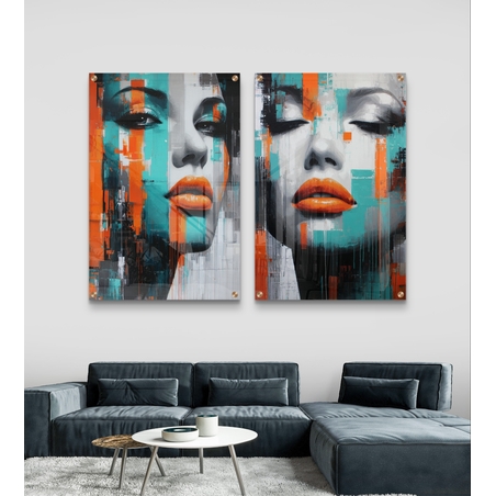 זוג תמונות זכוכית בסגנון אורבני עם פורטרט נשי בגווני טורקיז וכתום על רקע מופשט מודרני