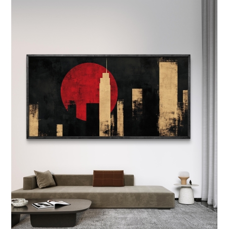 תמונת קנבס המציגה סילואטה של בניינים גבוהים על רקע שמש אדומה דרמטית, עם גווני זהב ושחור למראה אורבני מודרני.