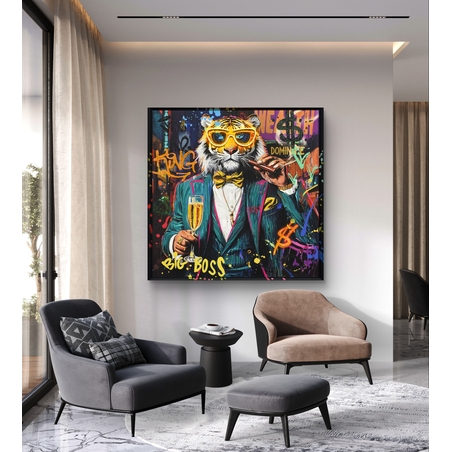 תמונת טייגר BIG BOSS מוארת עם שלט רחוק וסוללות – אמנות LED - מידות 83*83 ס