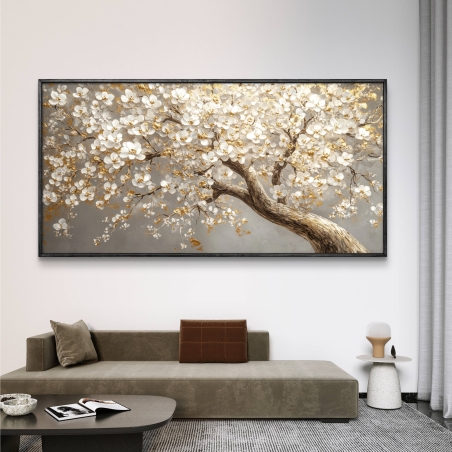 תמונת קנבס של עץ עם פרחים לבנים וזהובים על רקע אפור, בסגנון טבעי ואלגנטי, מהקולקציה של תכשיט לבית.