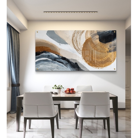 תמונת זכוכית לרוחב בעיצוב אבסטרקטי עם גווני אפור וכחול ונגיעות זהב