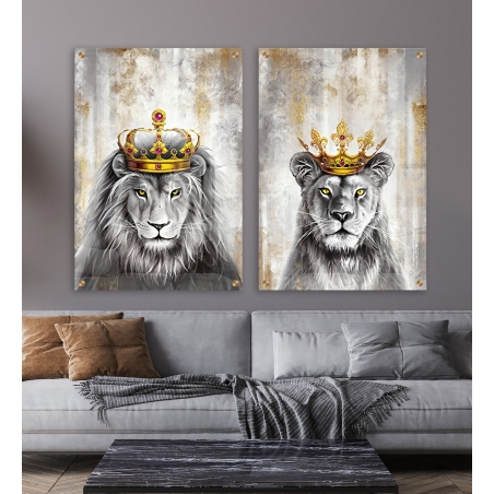זוג תמונות אריה ולביאה לסלון לחדר השינה או למשרד על קנבס או זכוכית דגם-882023