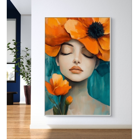 תמונת קנבס של אישה עדינה עם פרחים כתומים על רקע כחול, מושלם לעיצוב חללים מודרניים.