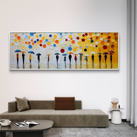 תמונת קנבס פנורמית עם דמויות אלגנטיות תחת מטריות צבעוניות, רקע עם טיפות צבע תלת-ממדיות, מושלמת לעיצוב חללים בסגנון מודרני ומרהיב.