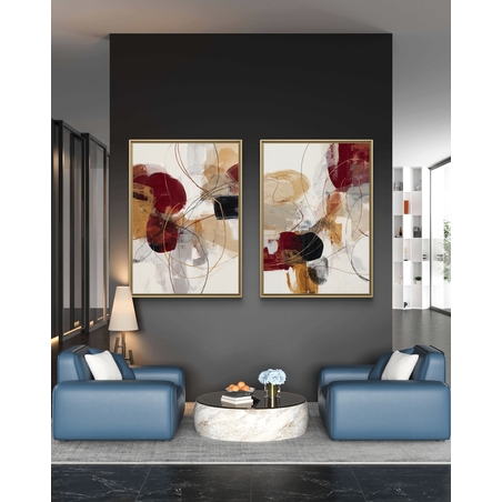 סט תמונות קנבס זוגיות אבסטרקטיות בגווני בורדו, זהב ושמנת עם קווים דינמיים ועיצוב מודרני