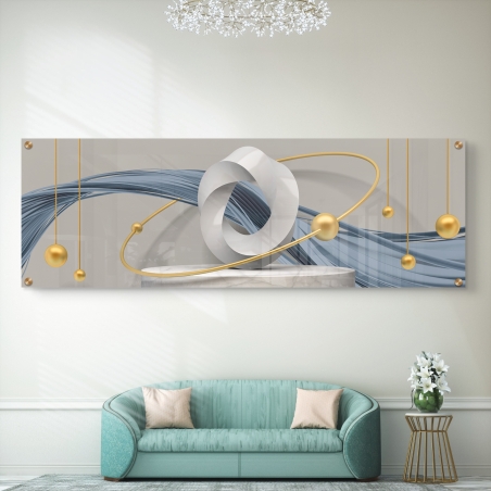 תמונת זכוכית פנורמית מודרנית עם עיצוב גיאומטרי מופשט בצבעי כחול, לבן וזהב – מודפסת על זכוכית חלקה בגימור מבריק.