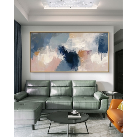 תמונת קנבס לרוחב בגווני כחול, ורוד ולבן בעיצוב אבסטרקטי מודרני לסלון