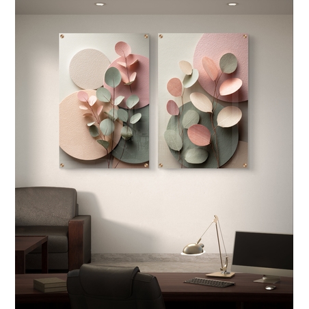 תמונת זכוכית זוגית בעיצוב עדין עם עלים וצורות פסטל בגווני ורוד וירוק