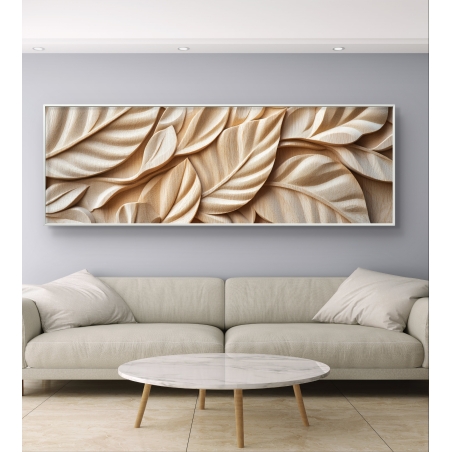 תמונת קנבס פנורמית של עלים בגווני עץ טבעיים בגימור תלת־ממד, חלק מקולקציית תכשיט לבית