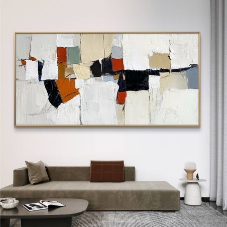 תמונת קנבס בעיצוב מופשט בגווני לבן, שחור, כתום ובז', עם קומפוזיציה מרתקת ונגיעות דינמיות, מושלמת לעיצוב מודרני ואלגנטי.