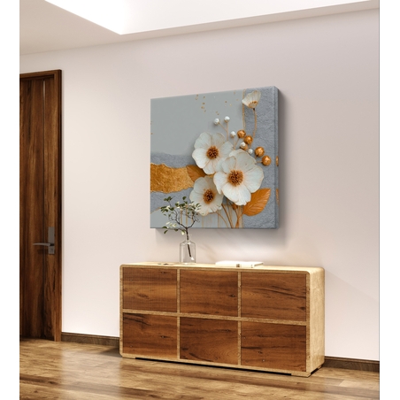 עלי זהב – תמונת קנבס פרחים לבנים עם זהב ואפור | SQ3381