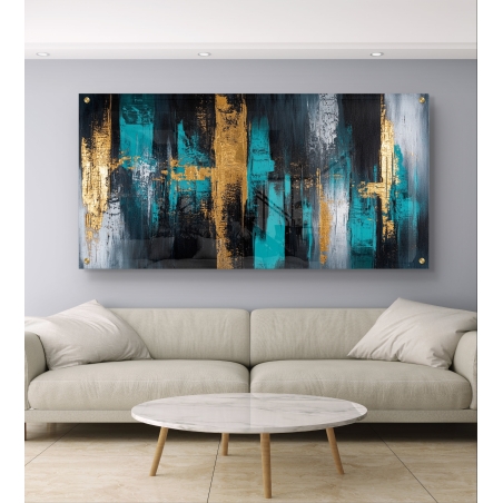 תמונת זכוכית מודרנית עם קומפוזיציה אבסטרקטית בגווני שחור, טורקיז ונגיעות זהב, מעניקה תחושת עומק ואלגנטיות לכל חלל מעוצב.