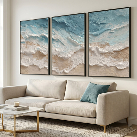 שלשת תמונות קנבס חוף טקסטורלי בגווני שמנת, חול ותכלת – דגם TA1362