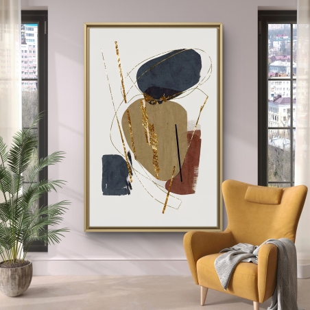 תמונת קנבס בסגנון אבסטרקט בגווני כחול, חום וזהב עם קווים עדינים, מתוך קולקציית תכשיט לבית