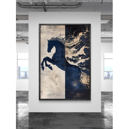 תמונת קנבס עם דמות סוס בתנועה דינמית בגווני כחול וזהב, עיצוב מודרני וטקסטורלי מקולקציית NEXTGEN.