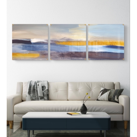 סט של 3 תמונות זכוכית מרובעות בעיצוב מופשט בגווני כחול, אפור וזהב – אופק זהוב