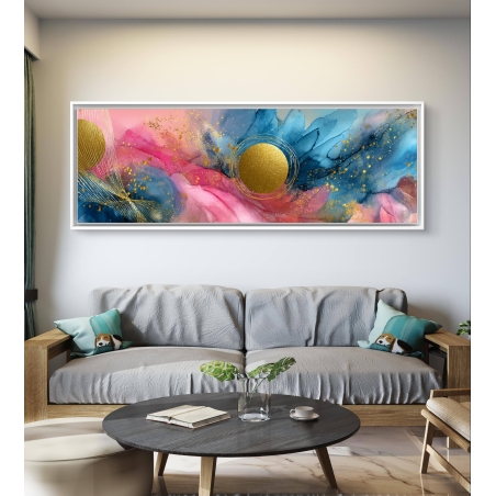 תמונת קנבס פנורמית בעיצוב מופשט בגווני ורוד, כחול וזהב בעיצוב מודרני מבית תכשיט לבית