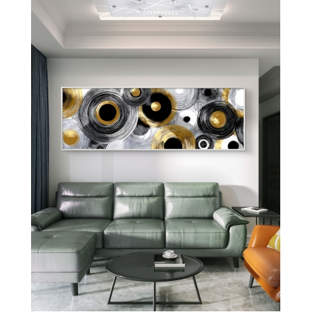 תמונת קנבס פנורמית עם מעגלים אבסטרקטיים בשחור, לבן וזהב, בהדפסה חלקה ואיכותית.