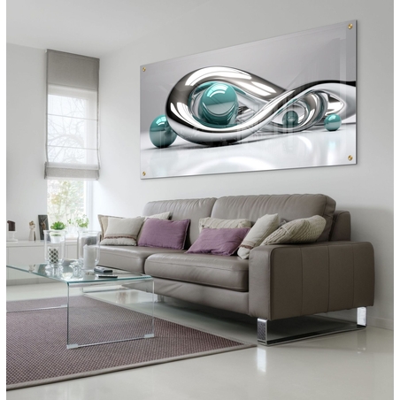 אינסוף כרום – תמונת זכוכית אבסטרקטית עם קימורי כסף וכדורי טורקיז | GP1391
