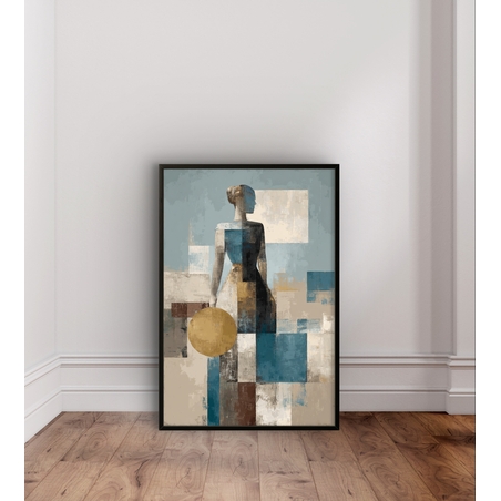 תמונת קנבס עם דמות נשית מופשטת בסגנון גאומטרי, גווני תכלת וחול ועיגול זהוב בעיצוב אלגנטי ומודרני