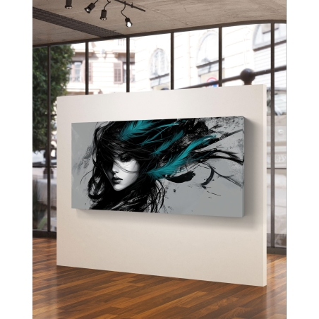 תמונת קנבס לרוחב עם פורטרט נשי ונוצות בצבע טורקיז, בעיצוב מודרני והדפסה חלקה באיכות גבוהה