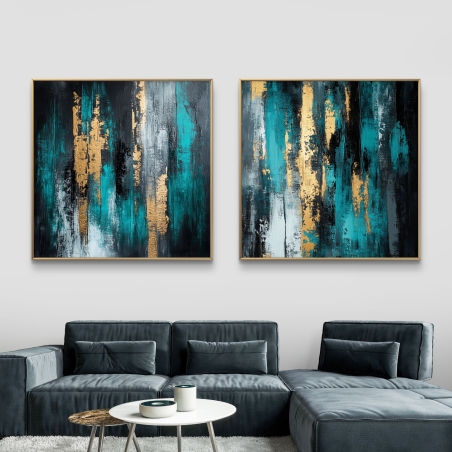זוג תמונות קנבס מרובעות עם קווים אבסטרקטיים בגווני טורקיז, שחור וזהב, לעיצוב מודרני יוקרתי בסלון או במשרד.