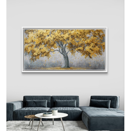 תמונת קנבס לרוחב עם עץ מוזהב ועלים נושרים בעיצוב אלגנטי על רקע רגוע, להוספת יוקרה וחום לסלון.