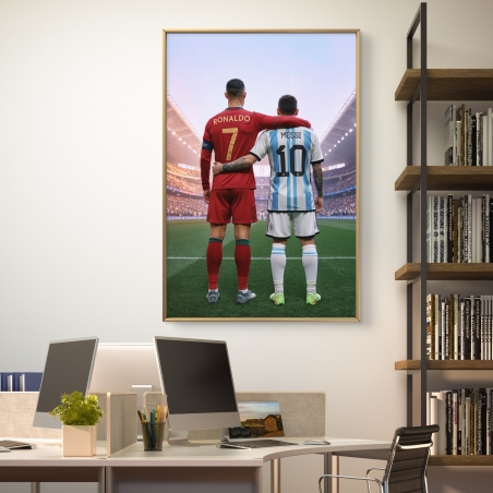 תמונת קנבס השראתית של כריסטיאנו רונאלדו וליאו מסי עומדים יחד על מגרש כדורגל מלא בקהל, מחובקים בגבם, אווירה של כבוד הדדי ומצוינות.          Ask ChatGPT