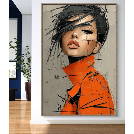 ציור אבסטרקטי של אישה בגווני שחור כתום ובז׳