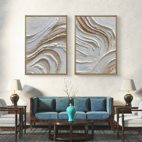 זוג תמונות קנבס גלים טקסטורליים בגווני שמנת ובז׳ – דגם TL8554