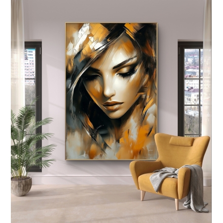 תמונת קנבס עם דיוקן נשי בגווני זהב ושחור, לעיצוב דרמטי ומרשים לחלל הבית.