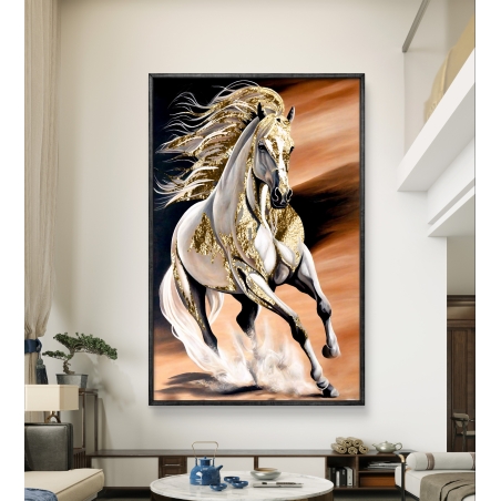 תמונת קנבס של סוס לבן עם עיטורי זהב דוהר על רקע בגווני חום ושחור, מתוך קולקציית תכשיט לבית