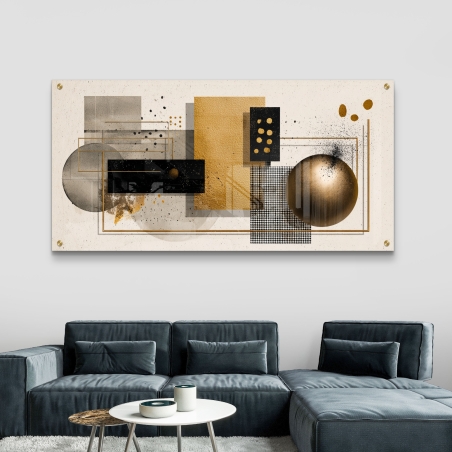 תמונת זכוכית יוקרתית בעיצוב גאומטרי מודרני בגווני זהב, שחור ואפור מבית תכשיט לבית – הדפסה חלקה באיכות גבוהה עם מראה אלגנטי וחדשני.