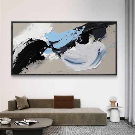 תמונת קנבס מופשטת לרוחב בגווני תכלת, שחור ולבן בעיצוב מודרני, תכשיט לבית