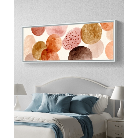 תמונת קנבס פנורמית – עיגולים אבסטרקטיים בצבעי אדמה חמימים (חום, כתום, ורוד, בז’) בהדפסה חלקה ואיכותית מבית תכשיט לבית.