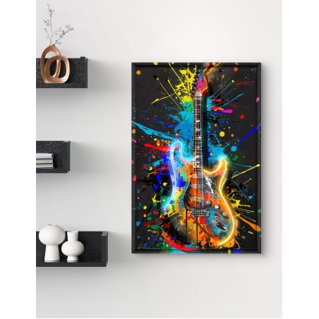 תמונת גיטרה חשמלית עם התפרצות צבעים, בליטות צבע ותאורת LED פנימית בעבודת יד מבית תכשיט לבית