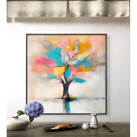 תמונת קנבס אבסטרקטית של עץ אמנותי עם ענפים צבעוניים בגווני טורקיז, ורוד וכתום, המשתקפים במים, ברקע מעושן ורך.