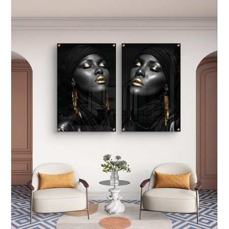זוג תמונות זכוכית בפורטרט נשי בשחור וזהב עם הדפסה חלקה ויוקרתית