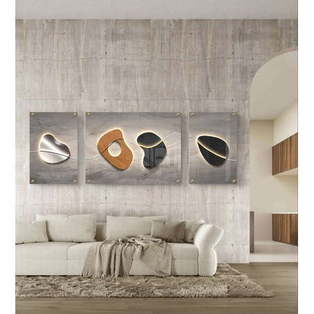 סט תמונות זכוכית מחולקות בעיצוב אבסטרקטי מודרני עם צורות אורגניות, קו מואר וגווני אפור, שחור ועץ בסלון מעוצב