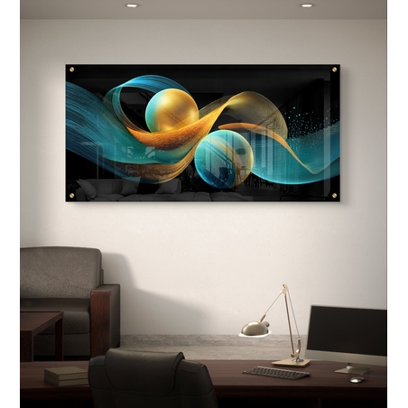 תמונת זכוכית לרוחב עם כדורים מוזהבים ותנועת גלים בגווני תכלת וזהב – תכשיט לבית
